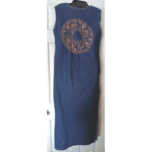 Vintage Molato Denim Maxi Dress Size Large Sleeveless Jean Embroidered Jeweled - Picture 2 of 11